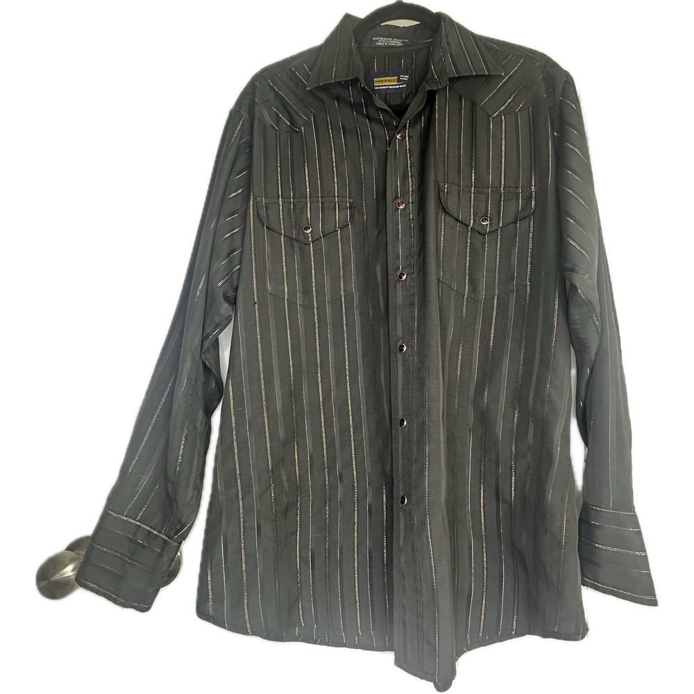 Vintage Panhandle Slim Large 16.5 35 Black Metallic Stripe Western Pearl Snap